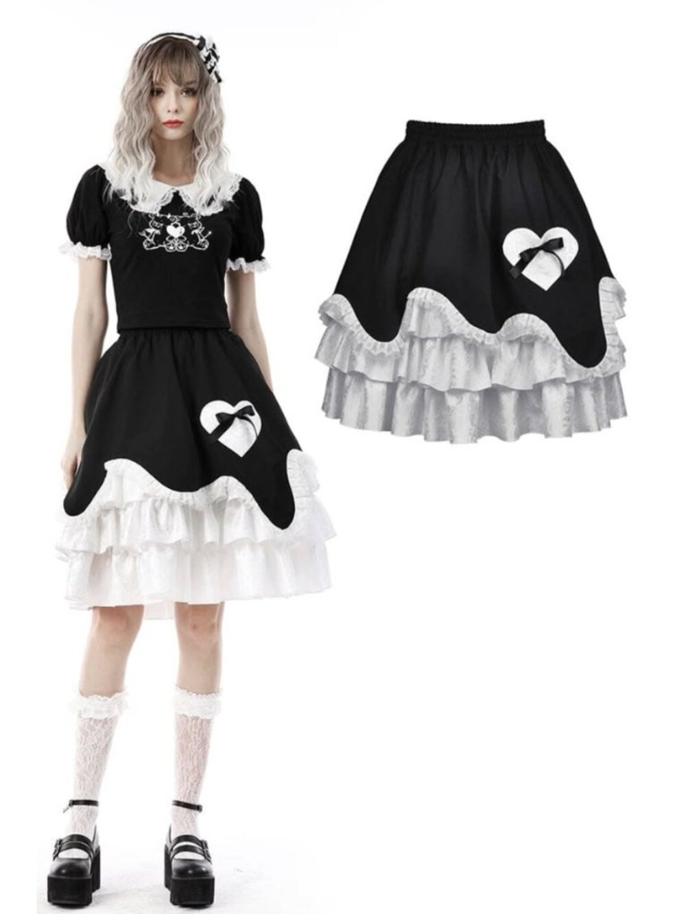 DARK IN LOVE Black And White Jirai Kei Ruffle Chocolate Melt Cake Heart Skirt